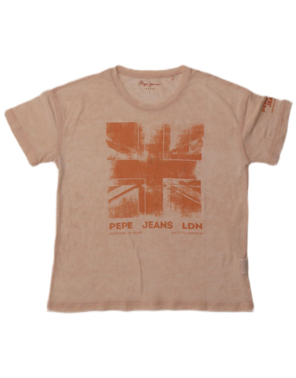 PEPE Jeans Womens Oversized Graphic T-Shirt Top UK 10 Small Beige Cotton