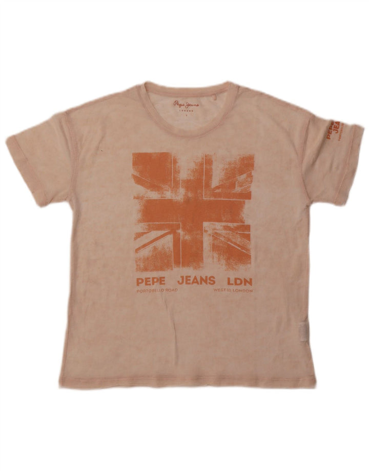 PEPE Jeans Womens Oversized Graphic T-Shirt Top UK 10 Small Beige Cotton