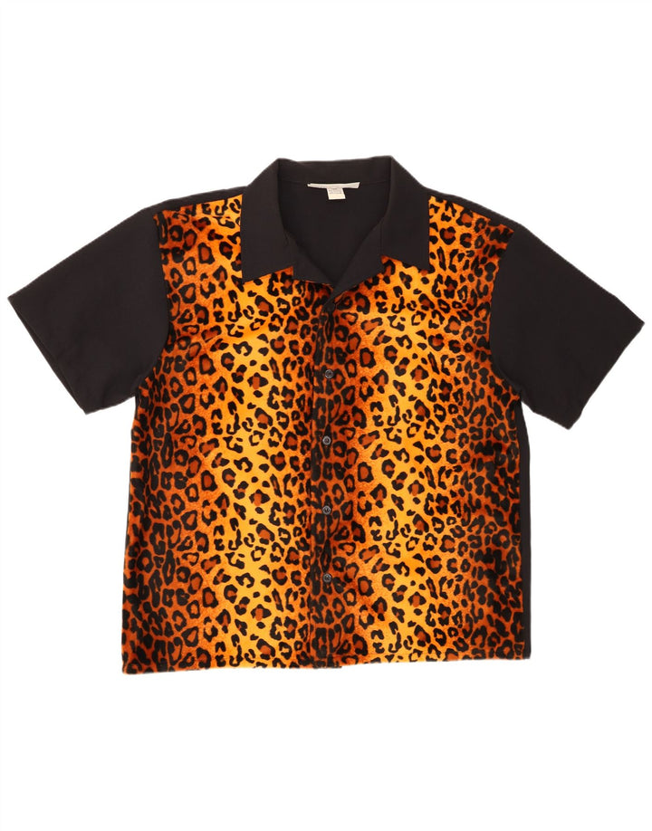 Vintage Mens Short Sleeve Shirt XL Black Animal Print Polyester