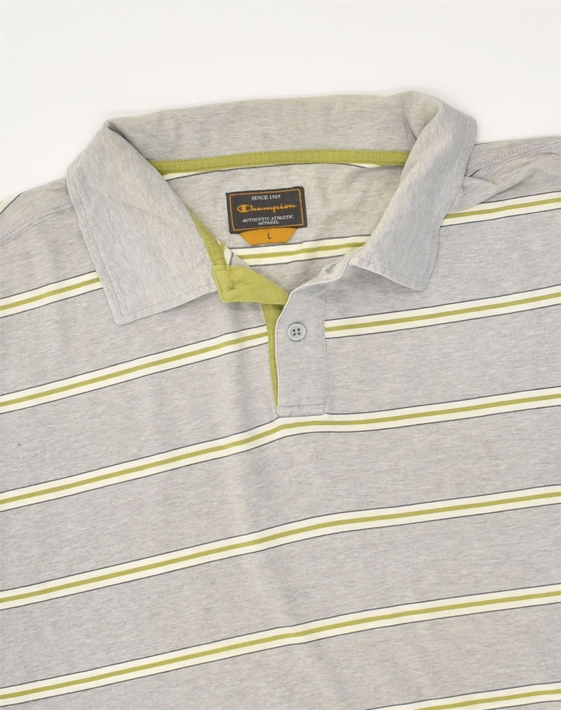 CHAMPION Mens Polo Shirt Large Grey Striped Cotton | Vintage Champion | Thrift | Second-Hand Champion | Used Clothing | Messina Hembry 