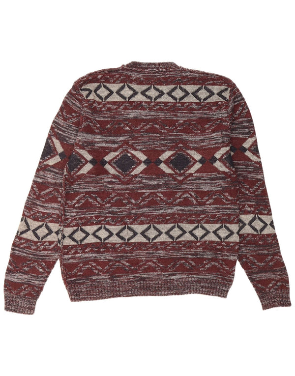Vintage Mens Crew Neck Jumper Sweater Medium Burgundy Fair Isle