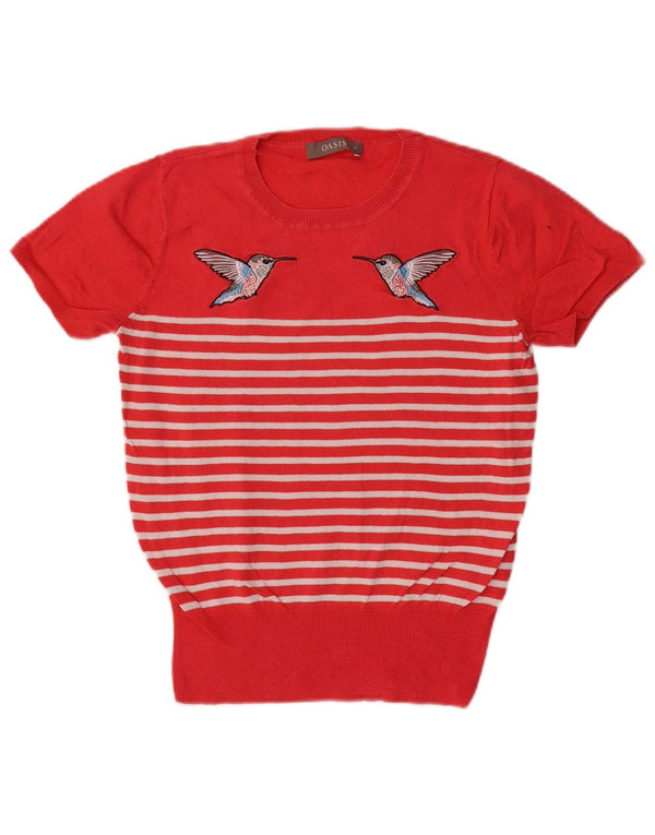 Oasis Womens Graphic Crew Neck Jumper Sweater UK 6 XS Red Striped
