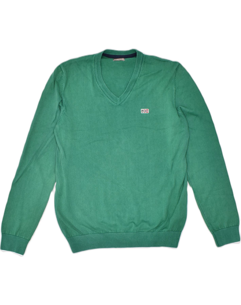 NAPAPIJRI Mens V-Neck Jumper Sweater Medium Green Cotton | Vintage | Thrift | Second-Hand | Used Clothing | Messina Hembry 