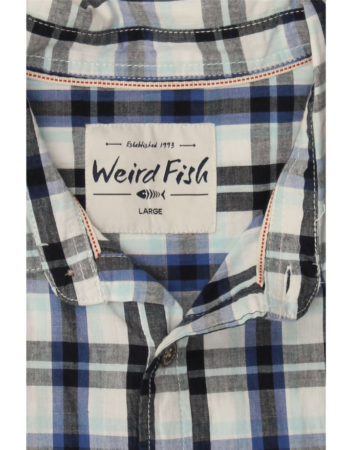 WEIRD FISH Mens Short Sleeve Shirt Large Blue Check Cotton Vintage Weird Fish and Second-Hand Weird Fish from Messina Hembry 