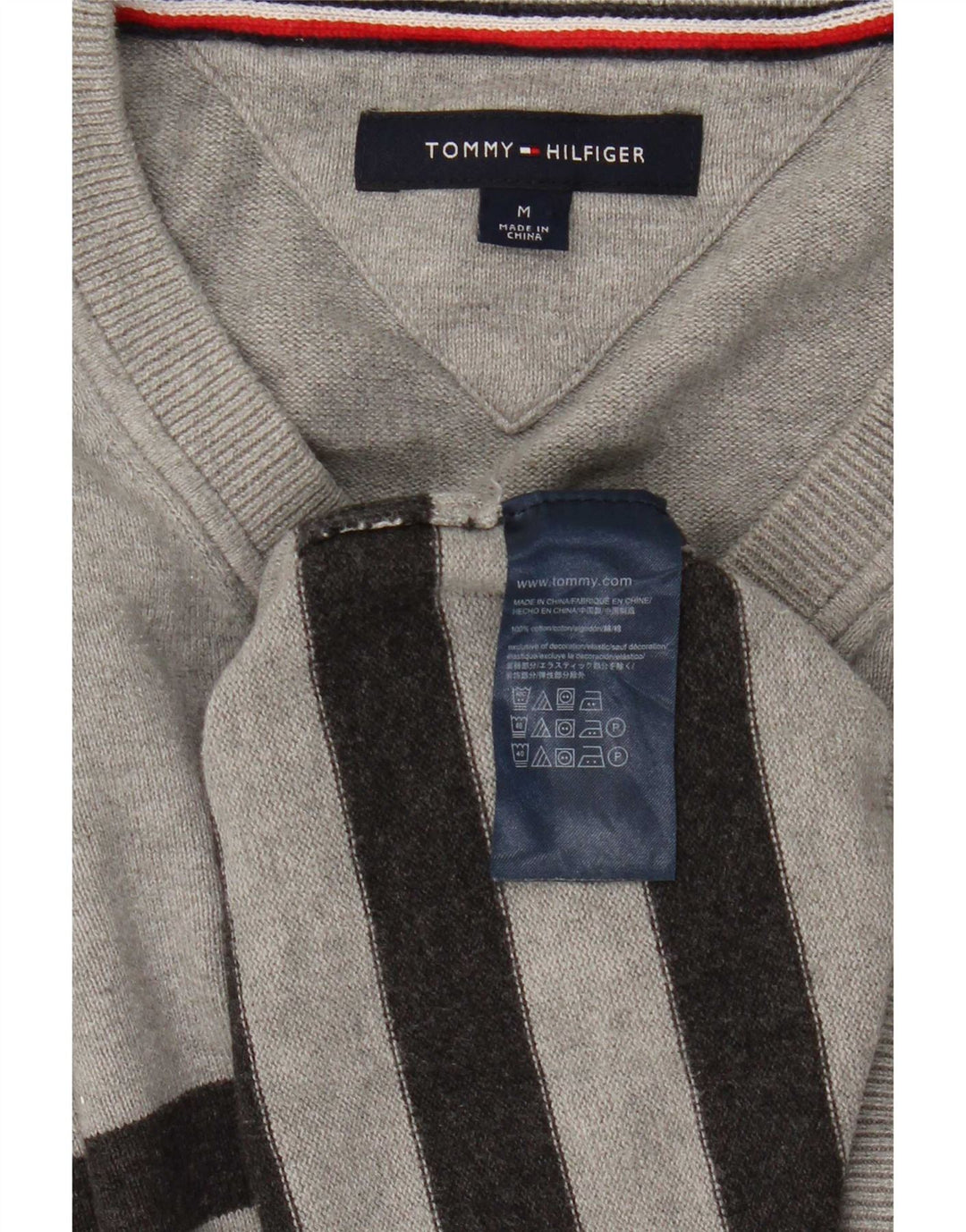Tommy Hilfiger Mens V-Neck Jumper Sweater Medium Grey Striped Cotton