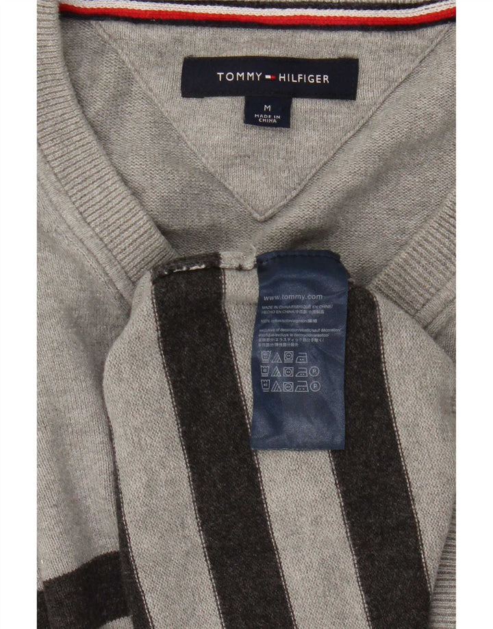 Tommy Hilfiger Mens V-Neck Jumper Sweater Medium Grey Striped Cotton