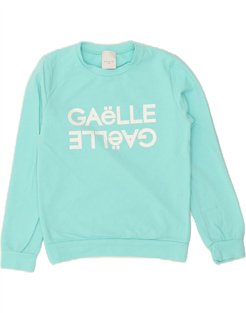 GAELLE Girls Graphic Sweatshirt Jumper 9-10 Years Turquoise Cotton | Vintage Gaelle | Thrift | Second-Hand Gaelle | Used Clothing | Messina Hembry 