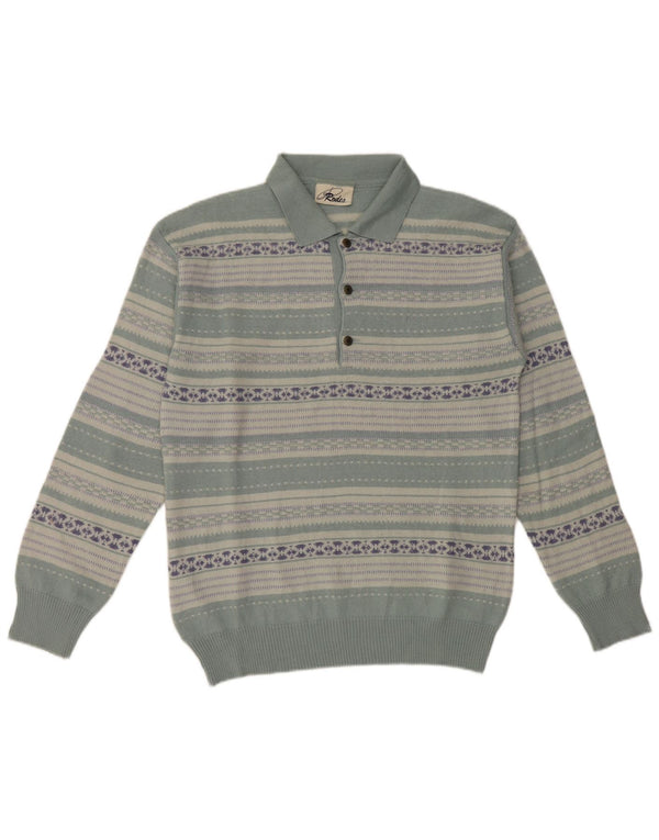 Rodes Mens Polo Neck Jumper Sweater Large Green Fair Isle Virgin Wool