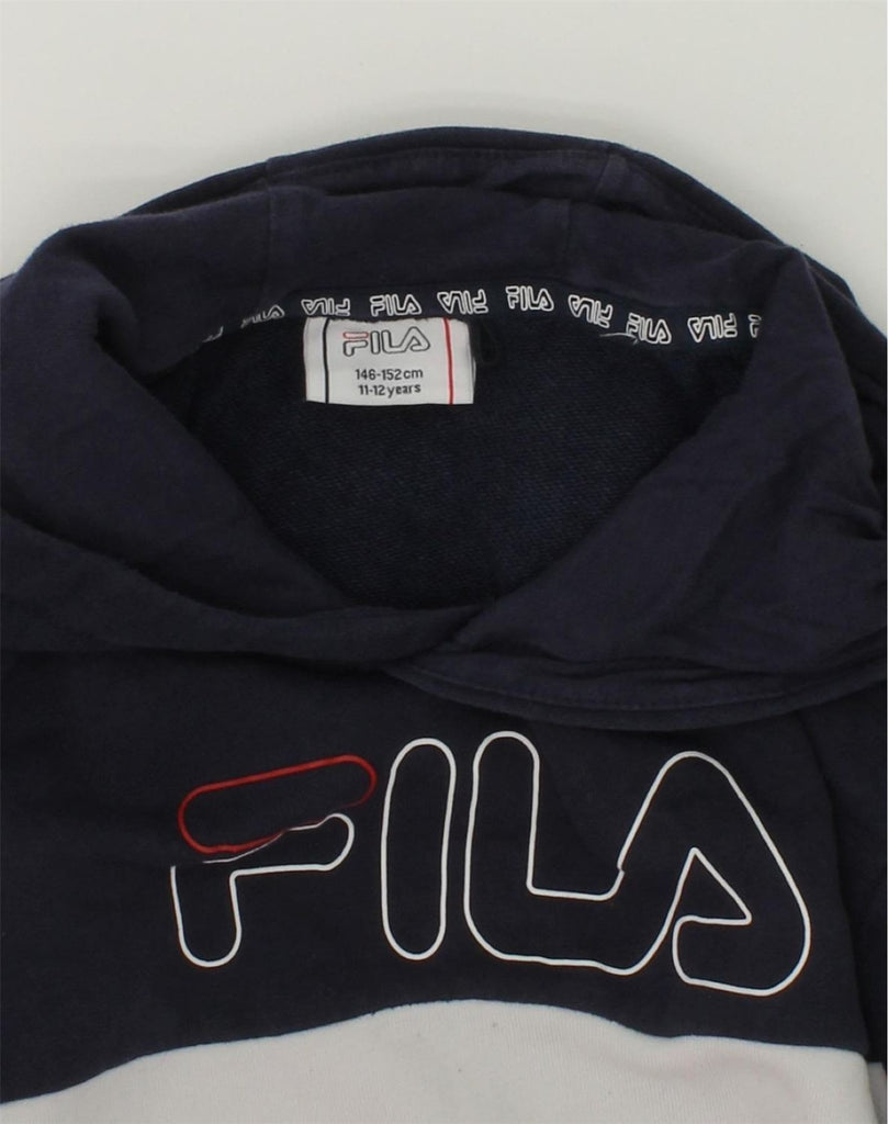 FILA Boys Graphic Hoodie Jumper 11-12 Years Navy Blue Colourblock Cotton | Vintage Fila | Thrift | Second-Hand Fila | Used Clothing | Messina Hembry 