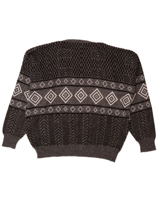 Vintage Mens V-Neck Jumper Sweater XL Grey Geometric Acrylic