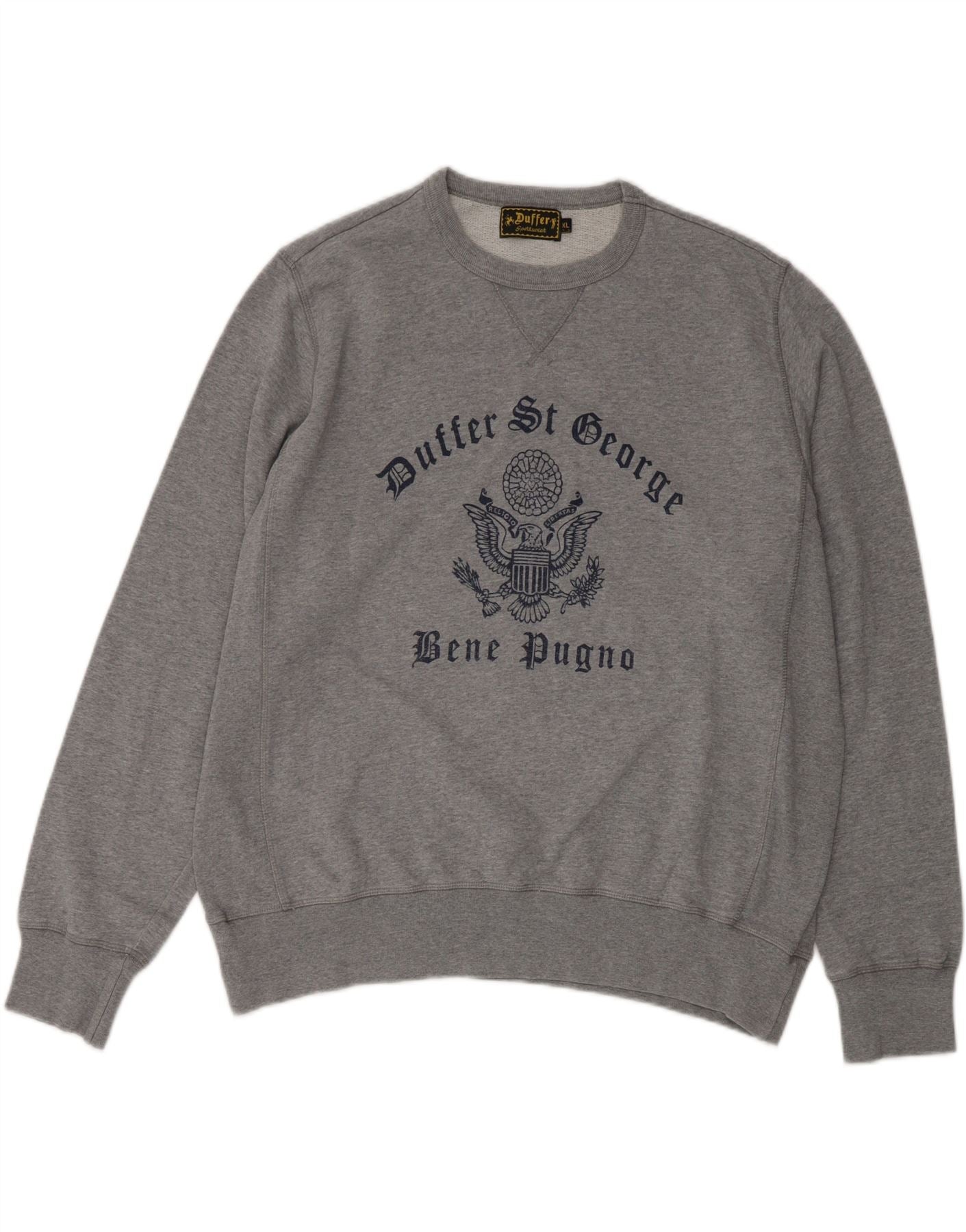 DUFFER Mens Graphic Sweatshirt Jumper XL Grey Vintage Duffer and Second-Hand Duffer from Messina Hembry 