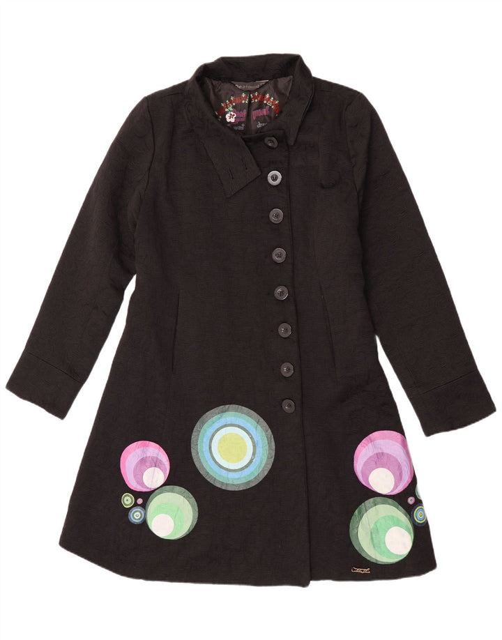 Desigual Womens Graphic Overcoat EU 44 XL Black Geometric Polyester
