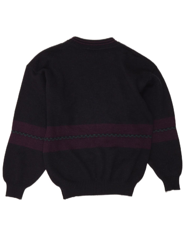 Vintage Mens Graphic Boat Neck Jumper Sweater Small Navy Blue Colourblock