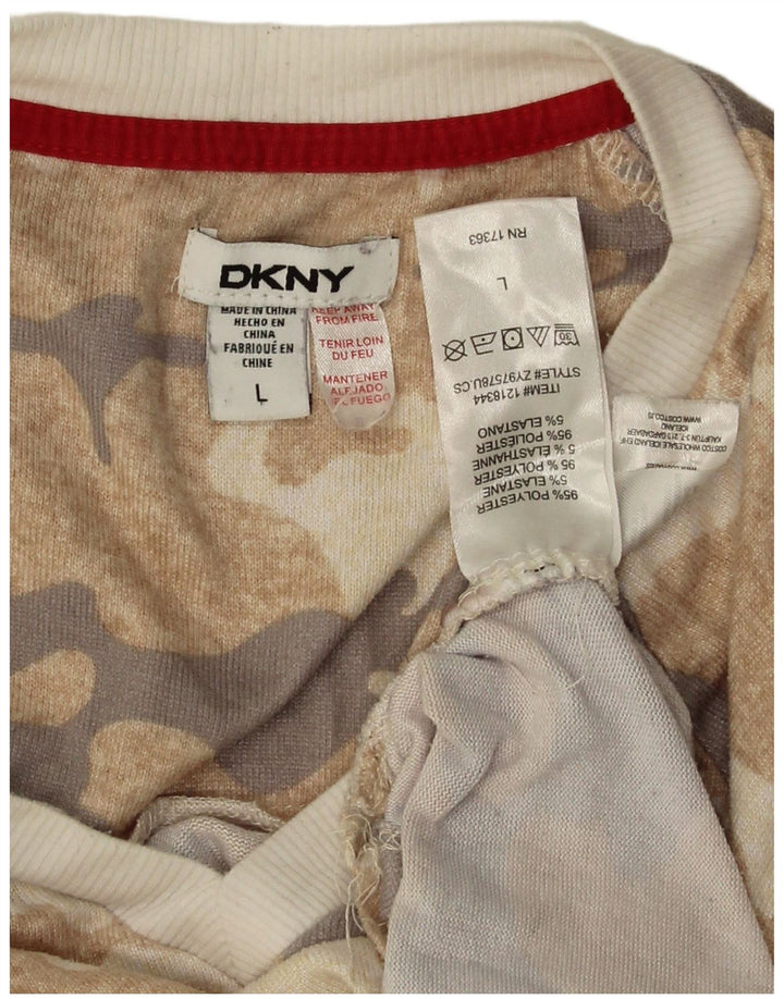 Dkny Womens Graphic Top Long Sleeve UK 16 Large Beige Camouflage Polyester