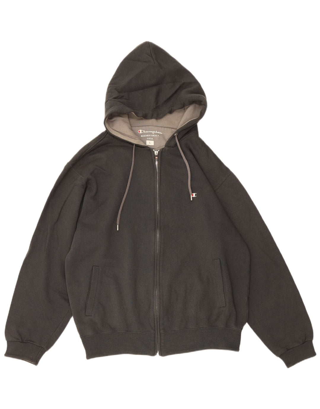 Champion Mens Zip Hoodie Sweater Large Grey Cotton