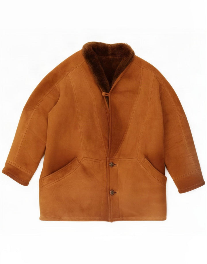 Vintage Mens 3 Button Shearling Jacket UK 40 Large Brown Leather