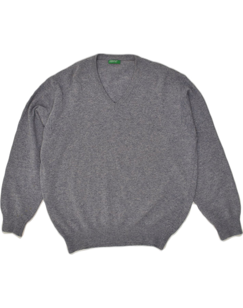 BENETTON Mens V-Neck Jumper Sweater Small Grey Virgin Wool | Vintage Benetton | Thrift | Second-Hand Benetton | Used Clothing | Messina Hembry 