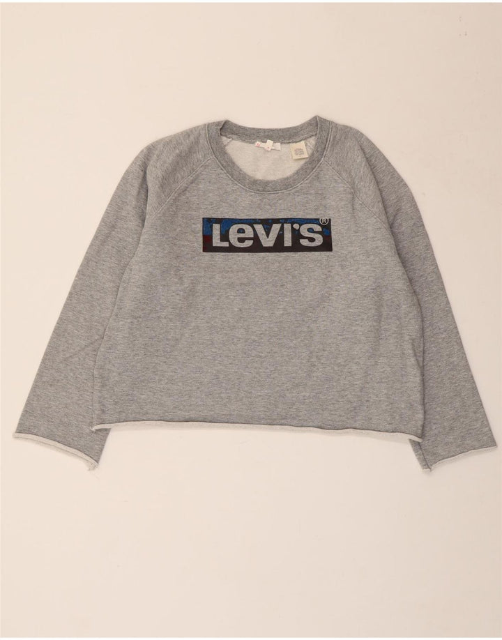 LEVI'S Womens Crop Graphic Sweatshirt Jumper UK 16 Large Grey Flecked