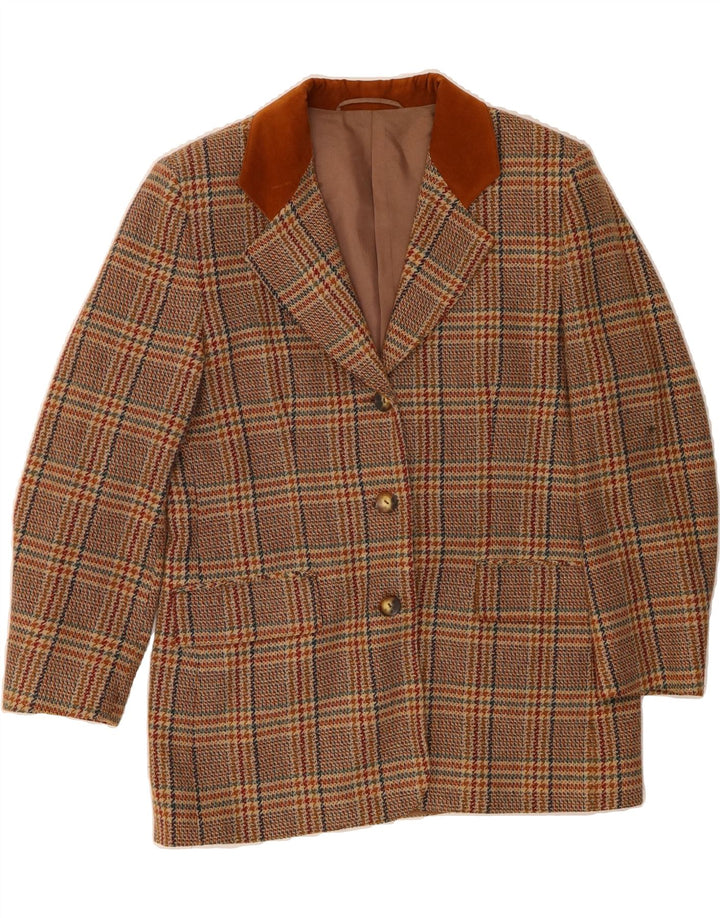 VINTAGE Womens 3 Button Blazer Jacket UK 14 Large Brown Check Acrylic Vintage Vintage and Second-Hand Vintage from Messina Hembry 