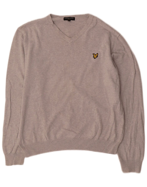 Lyle & Scott Womens V-Neck Jumper Sweater UK 18 XL Grey Flecked Cotton