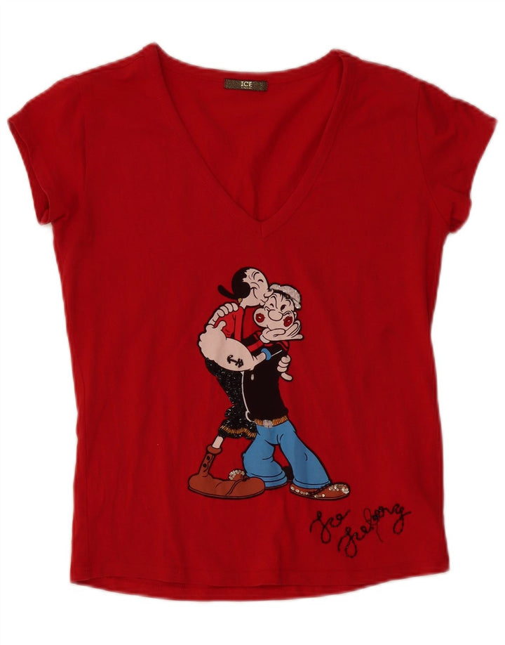 ICEBERG Womens Popeye Graphic T-Shirt Top UK 12 Medium Red Cotton