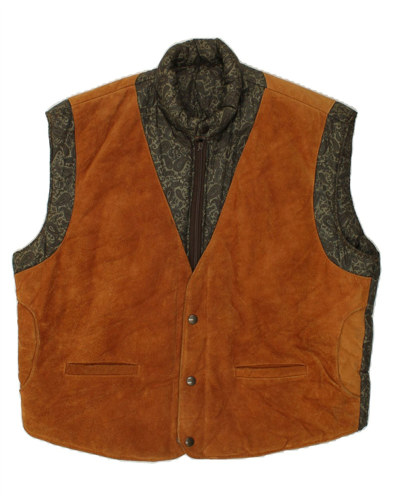 VERA PELLE Mens Leather Padded Gilet IT 56 3XL Brown Paisley Leather | Vintage Vera Pelle | Thrift | Second-Hand Vera Pelle | Used Clothing | Messina Hembry 