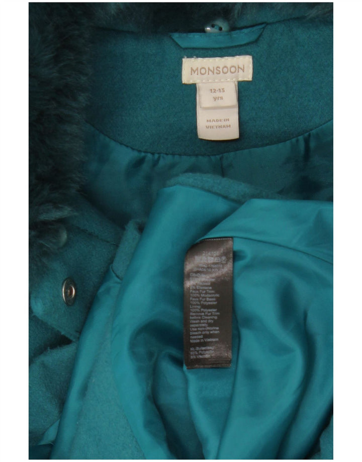 Monsoon Girls Overcoat 12-13 Years Turquoise Polyester