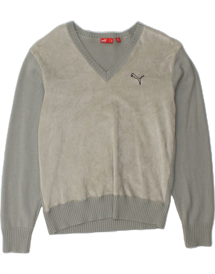 PUMA Mens V-Neck Jumper Sweater Medium Grey Colourblock Wool Vintage Puma and Second-Hand Puma from Messina Hembry 