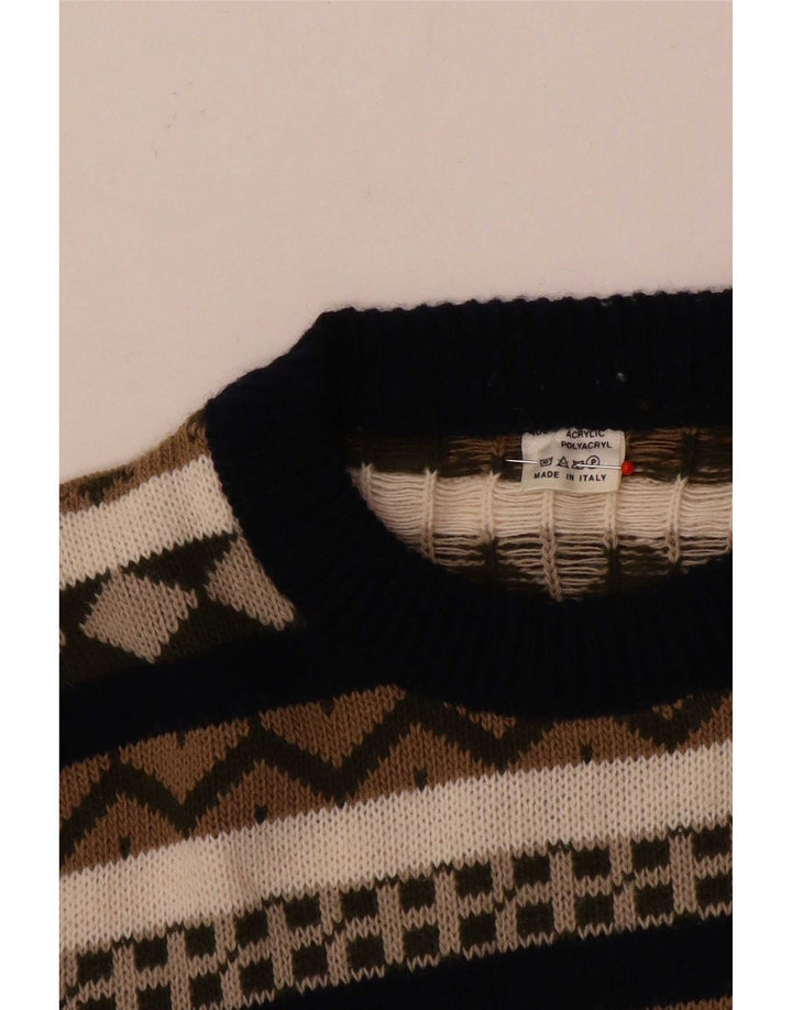 Vintage Mens Boat Neck Jumper Sweater Medium Multicoloured Geometric
