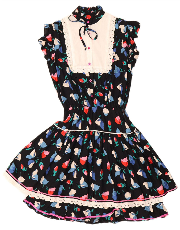Vintage Womens Tea Dress UK 12 Medium Black Floral