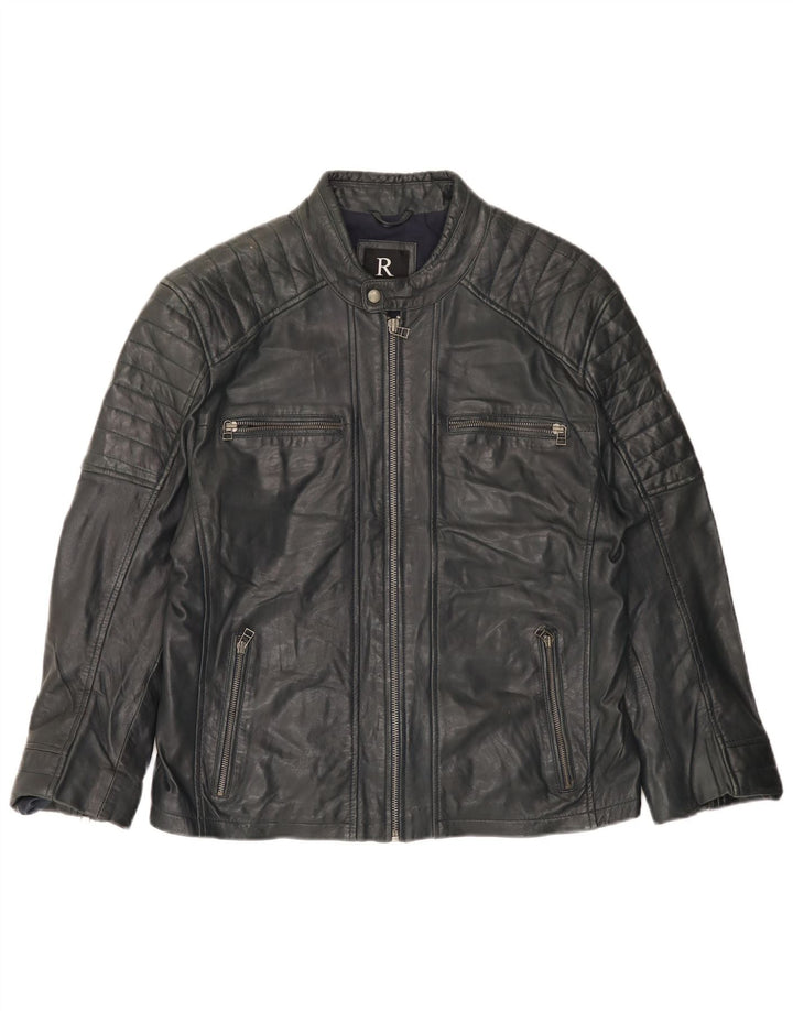 Rockhill Womens Leather Biker Jacket EU 54 5XL Navy Blue Lambskin