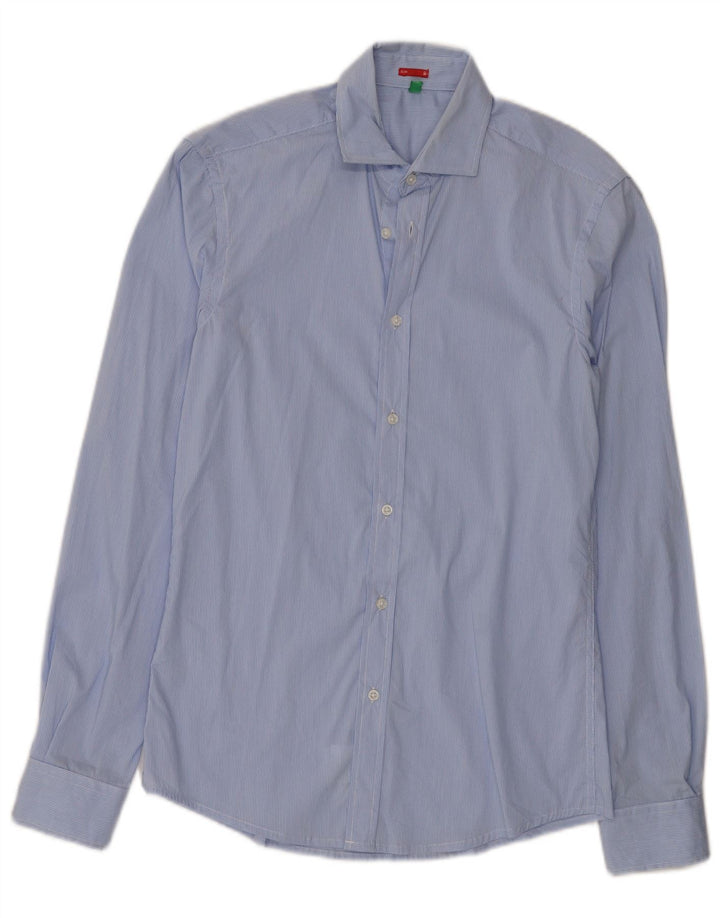 Benetton Mens Slim Shirt Small Blue Pinstripe Cotton