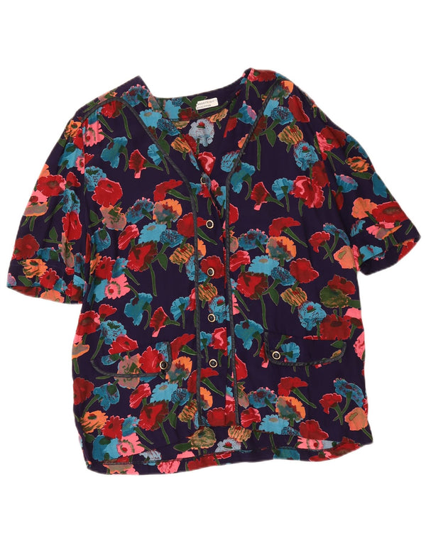 Vintage Womens Short Sleeve Shirt Blouse UK 16 Large Navy Blue Floral