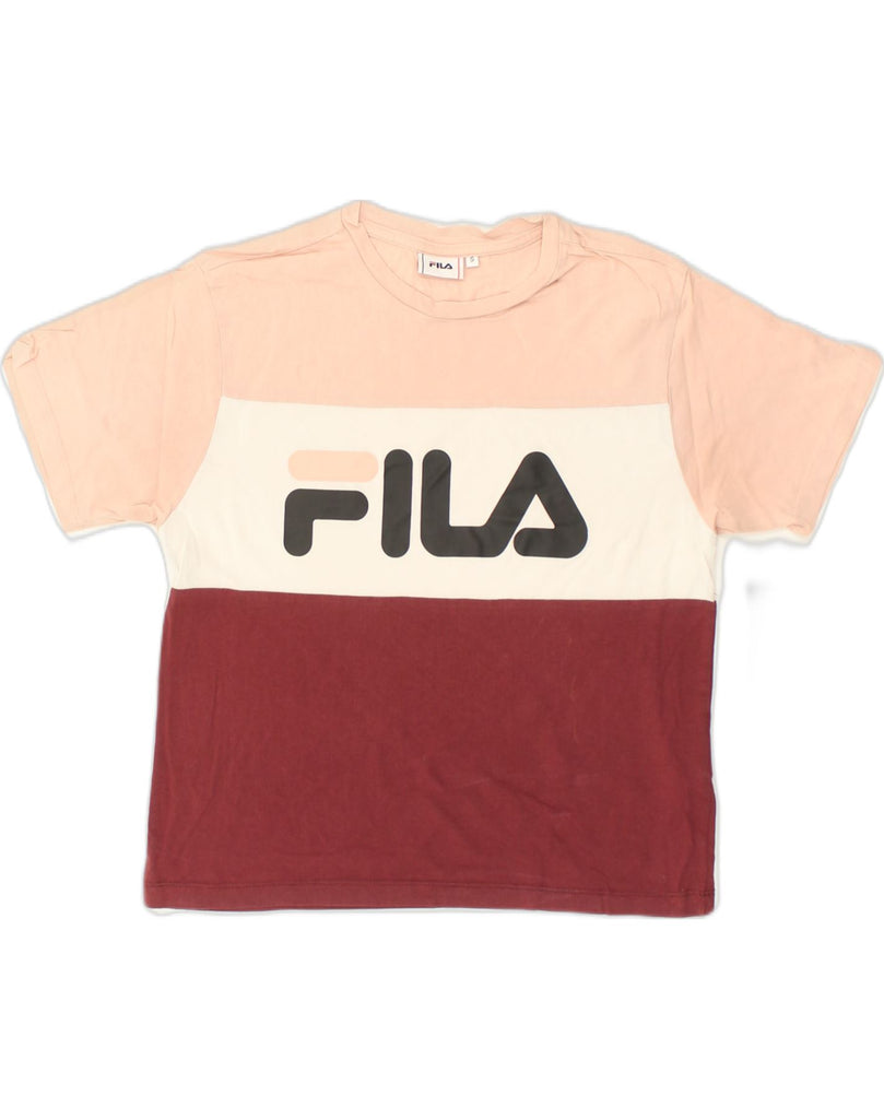 FILA Womens Graphic T-Shirt Top UK 10 Small Burgundy Colourblock Cotton | Vintage Fila | Thrift | Second-Hand Fila | Used Clothing | Messina Hembry 