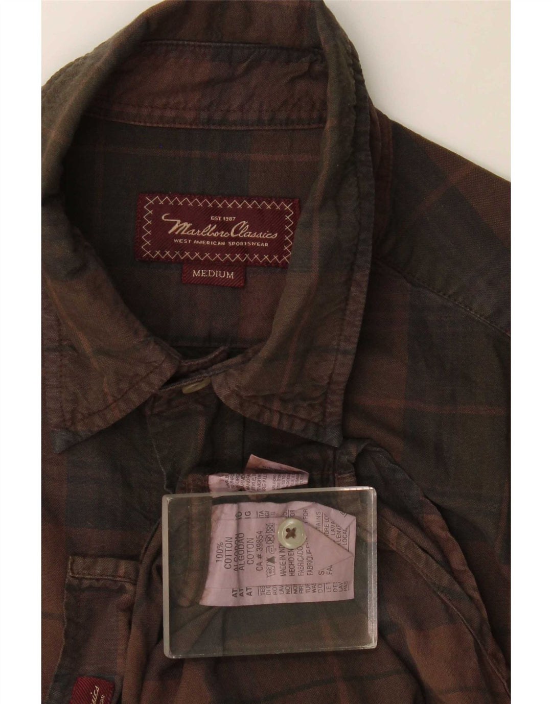 Marlboro Classics Mens Military Shirt Medium Brown Check Cotton