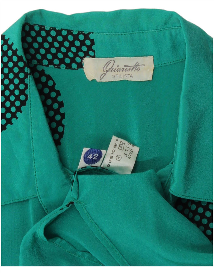 Vintage Womens Short Sleeve Shirt Blouse IT 42 Medium Blue Geometric Silk