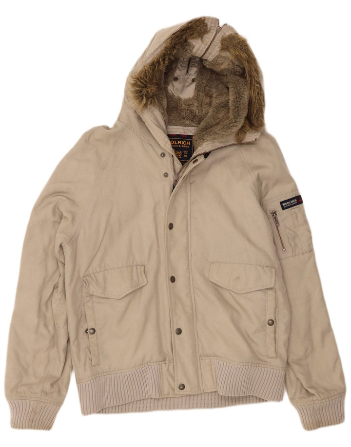 Woolrich Mens Hooded Bomber Jacket UK 38 Medium Beige Nylon