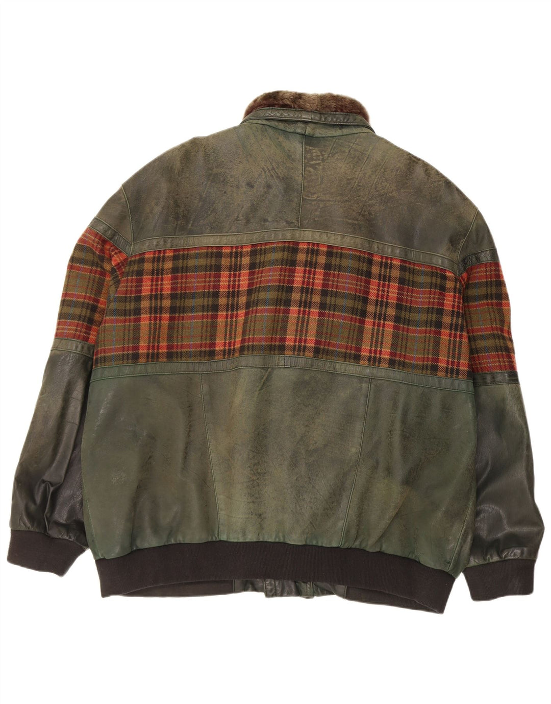 Vintage Mens Leather Jacket UK 46 3XL Green Check Leather