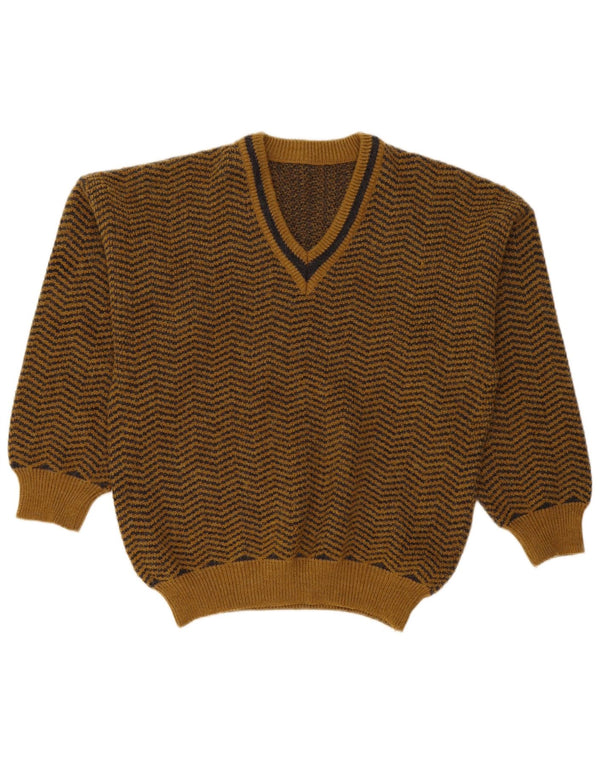 Vintage Mens Loose Fit V-Neck Jumper Sweater Small Brown Chevron