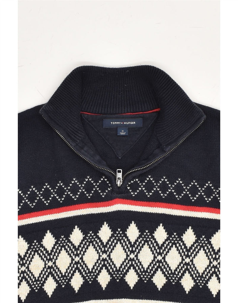 TOMMY HILFIGER Mens Zip Neck Jumper Sweater Medium Navy Blue Fair Isle | Vintage Tommy Hilfiger | Thrift | Second-Hand Tommy Hilfiger | Used Clothing | Messina Hembry 