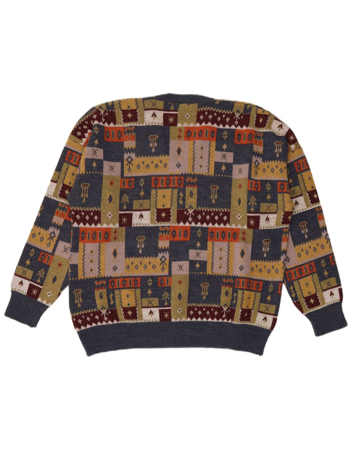 Vintage Mens V-Neck Jumper Sweater Large Multicoloured Patchwork