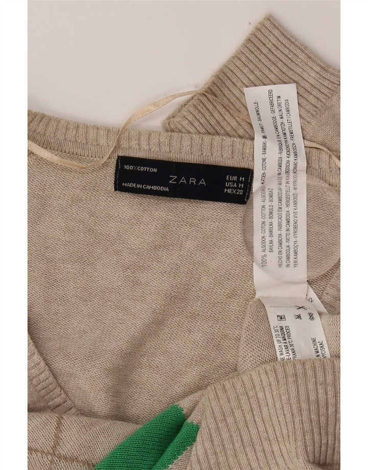 Zara Womens V-Neck Jumper Sweater UK 12 Medium Grey Argyle/Diamond Cotton