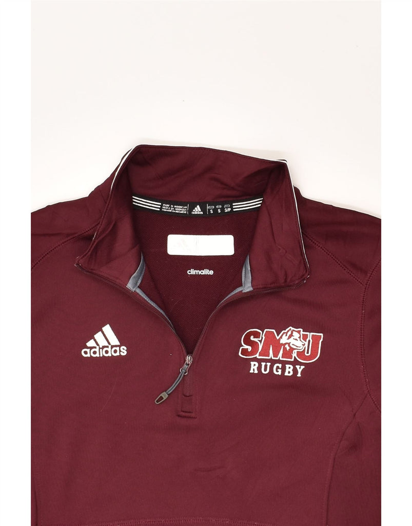 ADIDAS Mens SMU Rugby Zip Neck Sweatshirt Jumper Small Maroon Polyester | Vintage Adidas | Thrift | Second-Hand Adidas | Used Clothing | Messina Hembry 