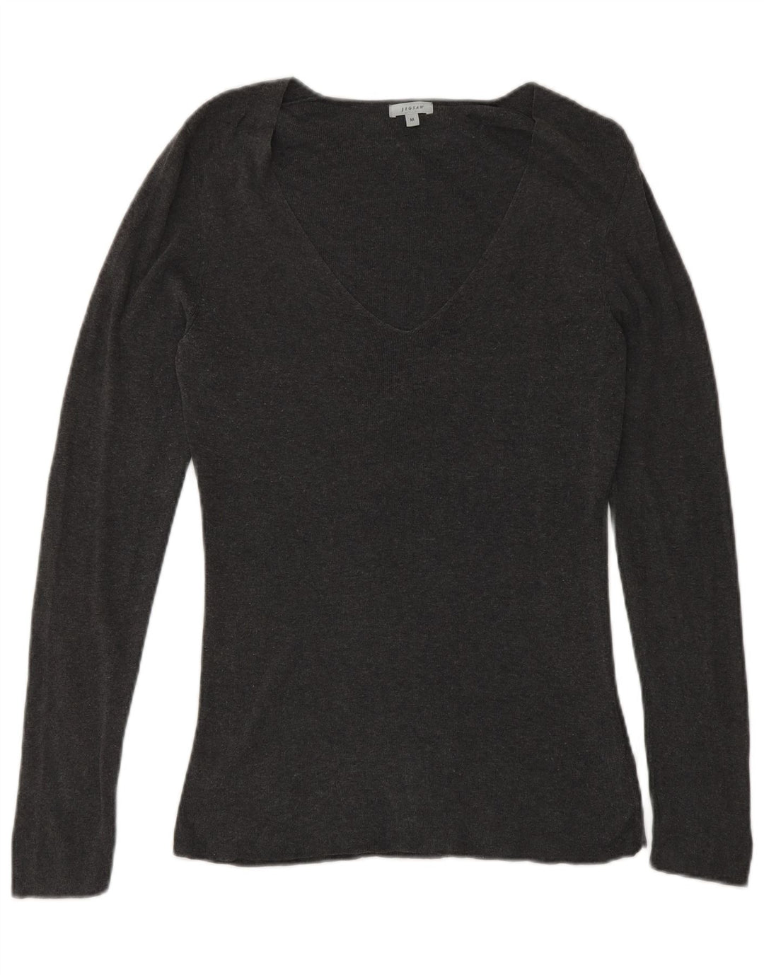 JIGSAW Womens V-Neck Jumper Sweater UK 12 Medium Grey Cotton