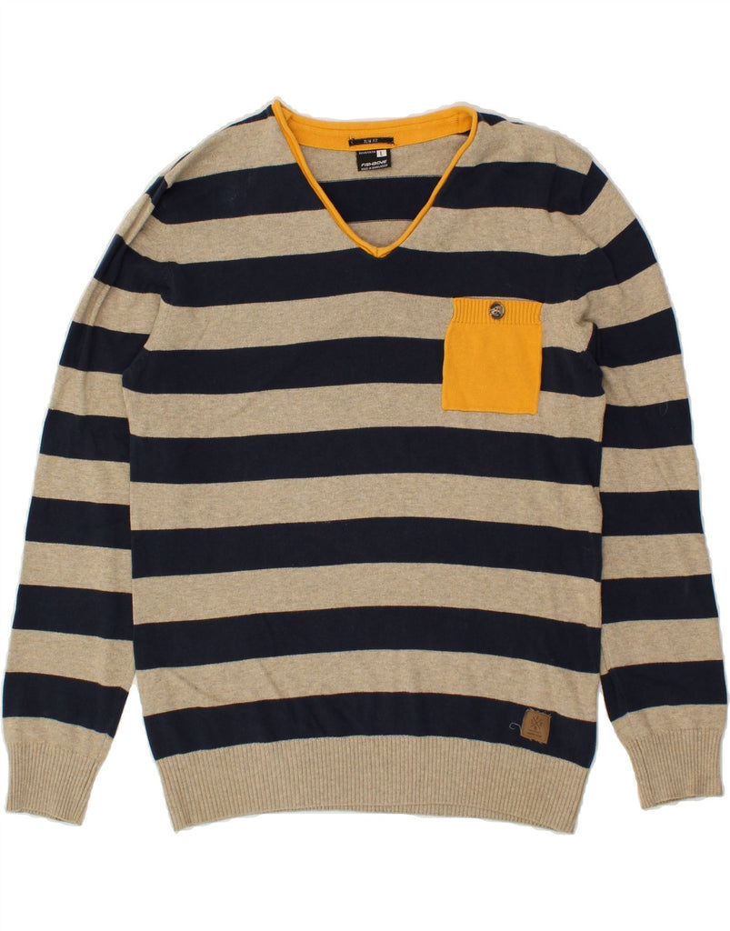 FISHBONE Mens Slim Fit V-Neck Jumper Sweater Large Beige Striped Cotton | Vintage Fishbone | Thrift | Second-Hand Fishbone | Used Clothing | Messina Hembry 