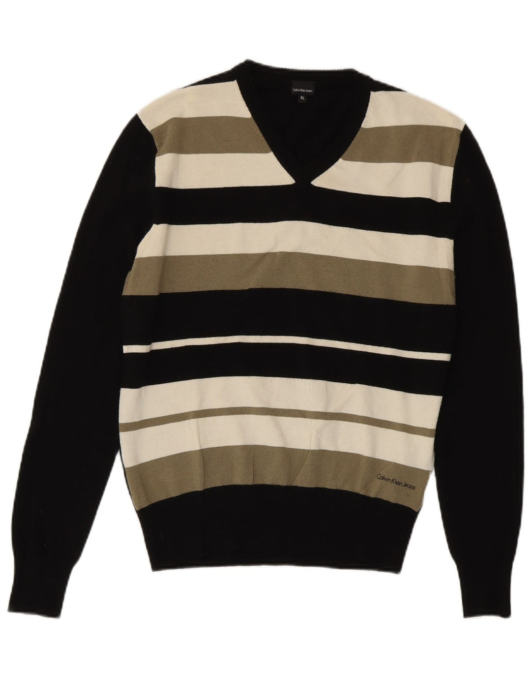 Calvin Klein Jeans Womens V-Neck Jumper Sweater Small Black Striped Wool