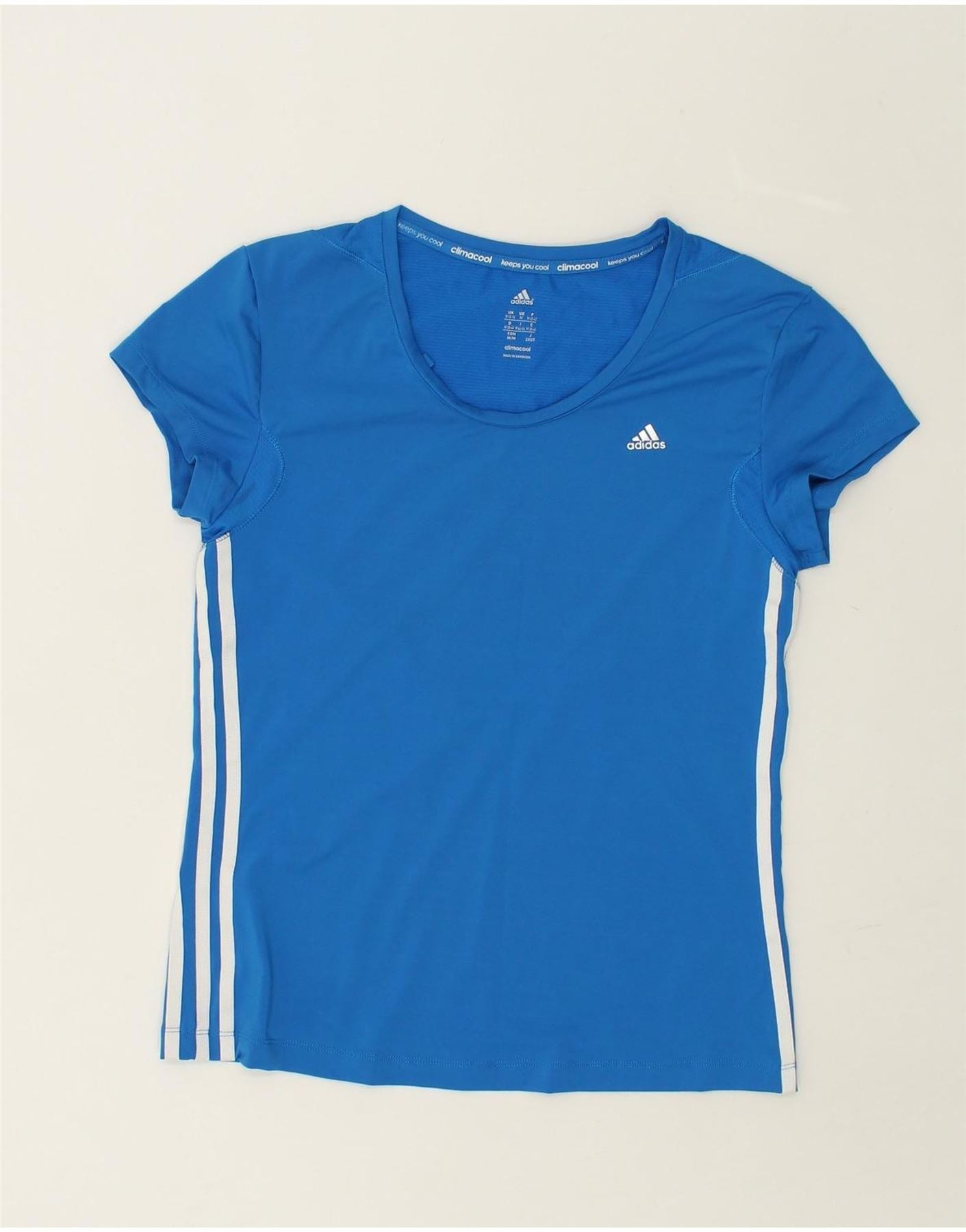 ADIDAS Womens Climacool T Shirt Top UK 12 14 Medium Blue Nylon Vintage Second Hand Clothing Online Messina Hembry