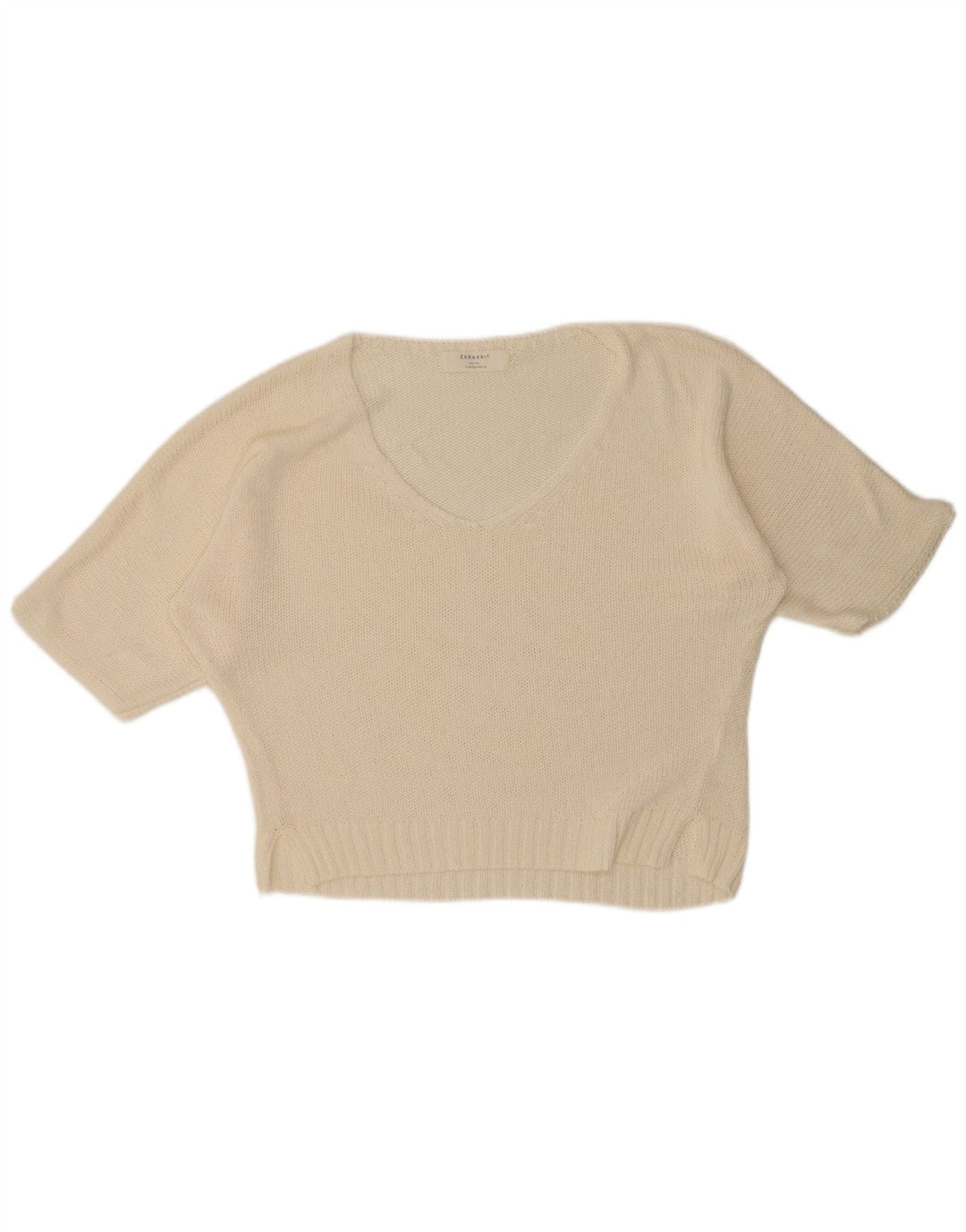 Zara Womens Short Sleeve V-Neck Jumper Sweater UK 14 Medium Off White