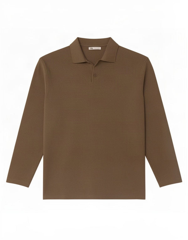 Zara Mens Long Sleeve Polo Shirt Medium Brown Viscose