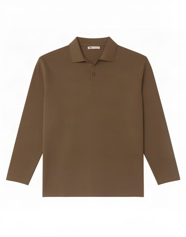 Zara Mens Long Sleeve Polo Shirt Medium Brown Viscose